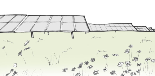 This image: an artist's impression of some solar panels in a field. 
						The map: the map shows the blue boundary of Breedon's ownership area at the site, 
						with yellow interactive markers across the site, showing some of our initial ideas 
						following the theme of energy generation, for how the site could be used. These are just some 
						initial ideas, what do you think should be included?